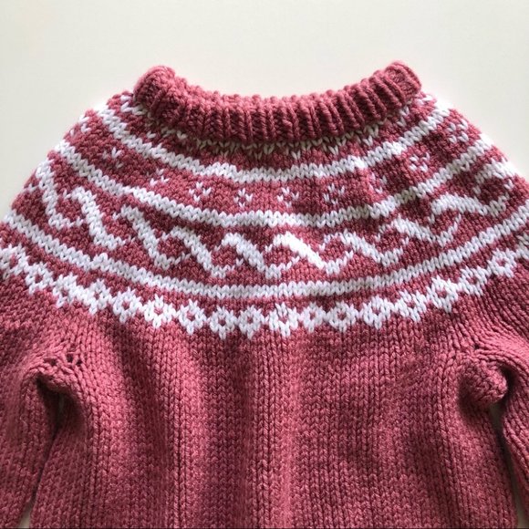 Girls Hand Knit Dusty Rose White Fairisle Sweater - Picture 3 of 7